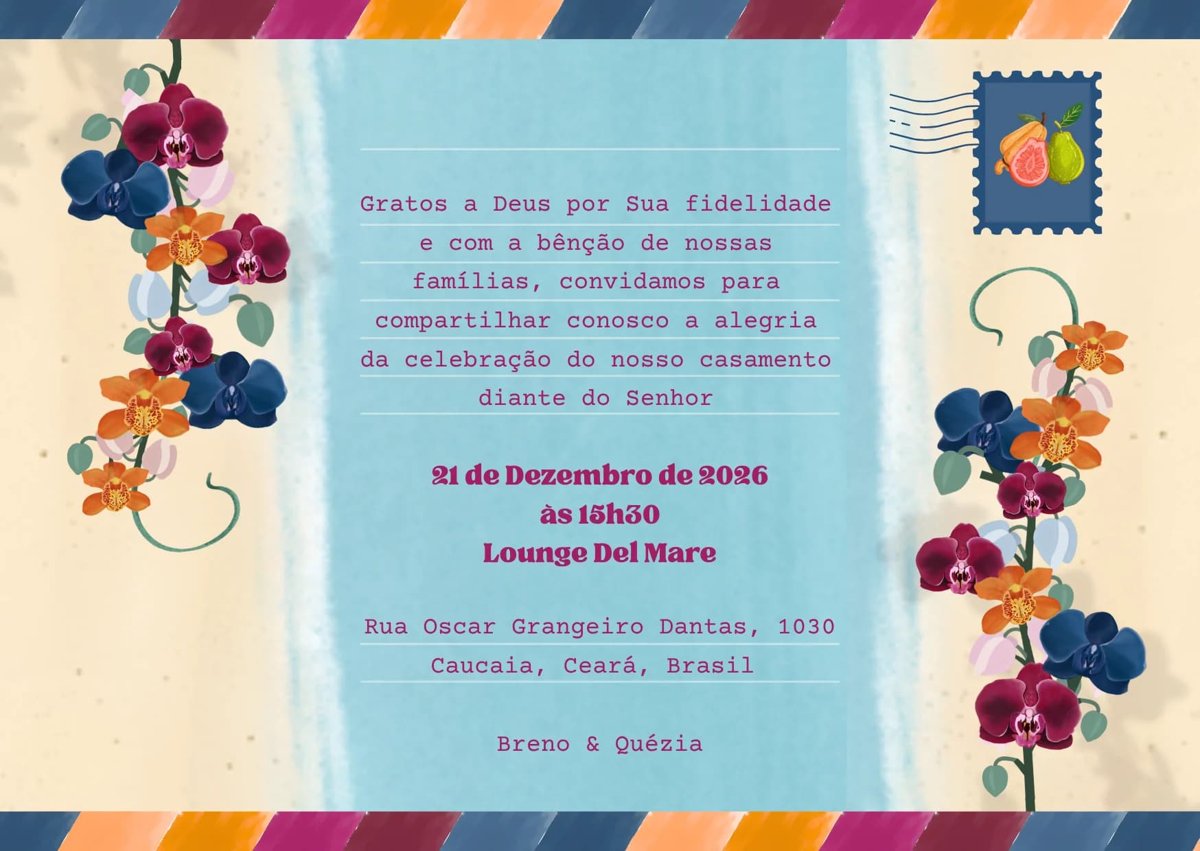 Verso do convite: cerimônia em 21 de dezembro de 2026 às 15h30, no Lounge Del Mare, Rua Oscar Grangeiro Dantas, 1030, Caucaia